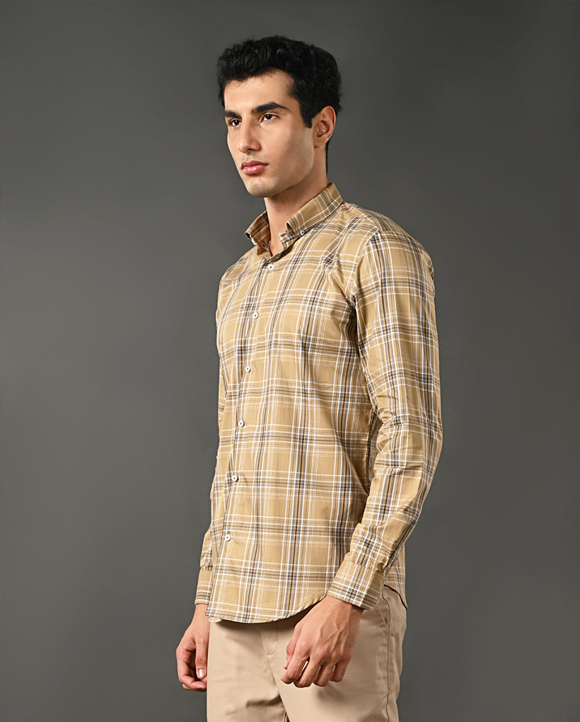Mens Formal Mustard Yellow Pure Cotton Shirt with Checks