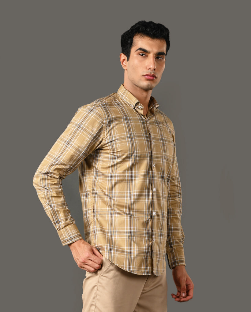 Mens Formal Mustard Yellow Pure Cotton Shirt with Checks