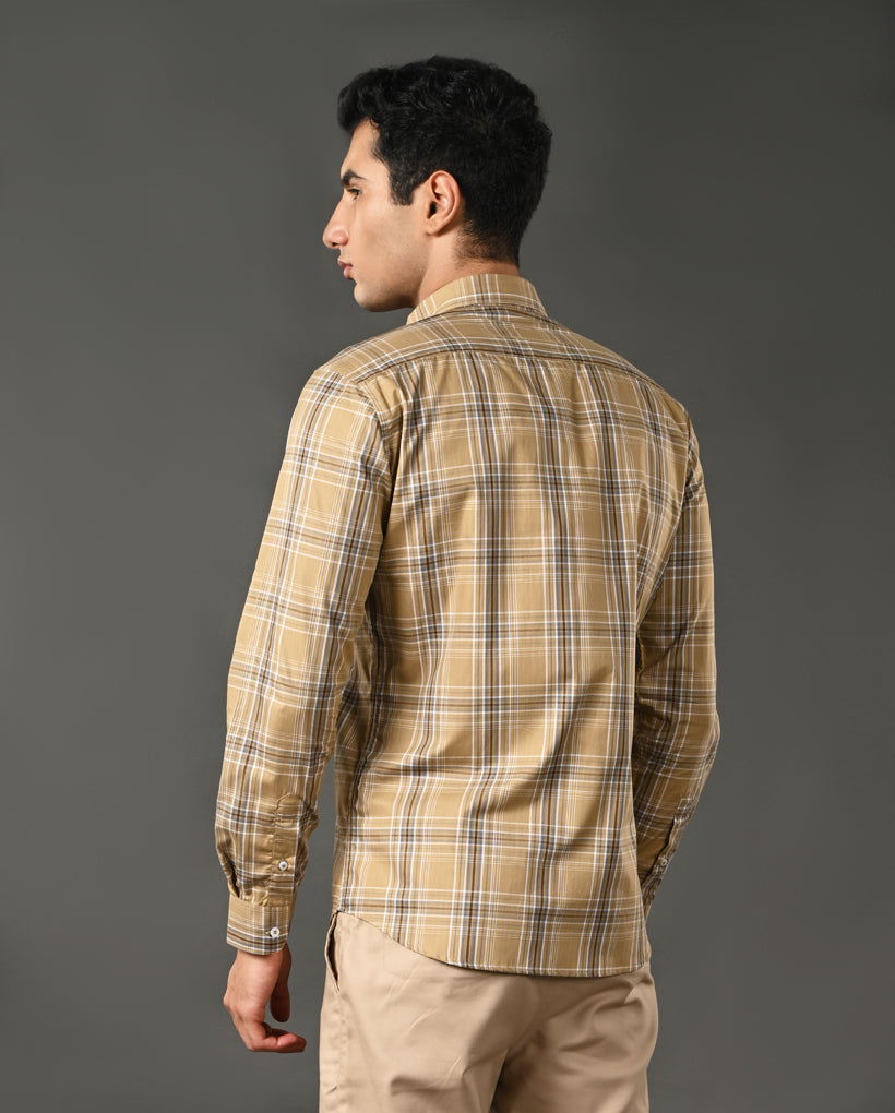 Mens Formal Mustard Yellow Pure Cotton Shirt with Checks