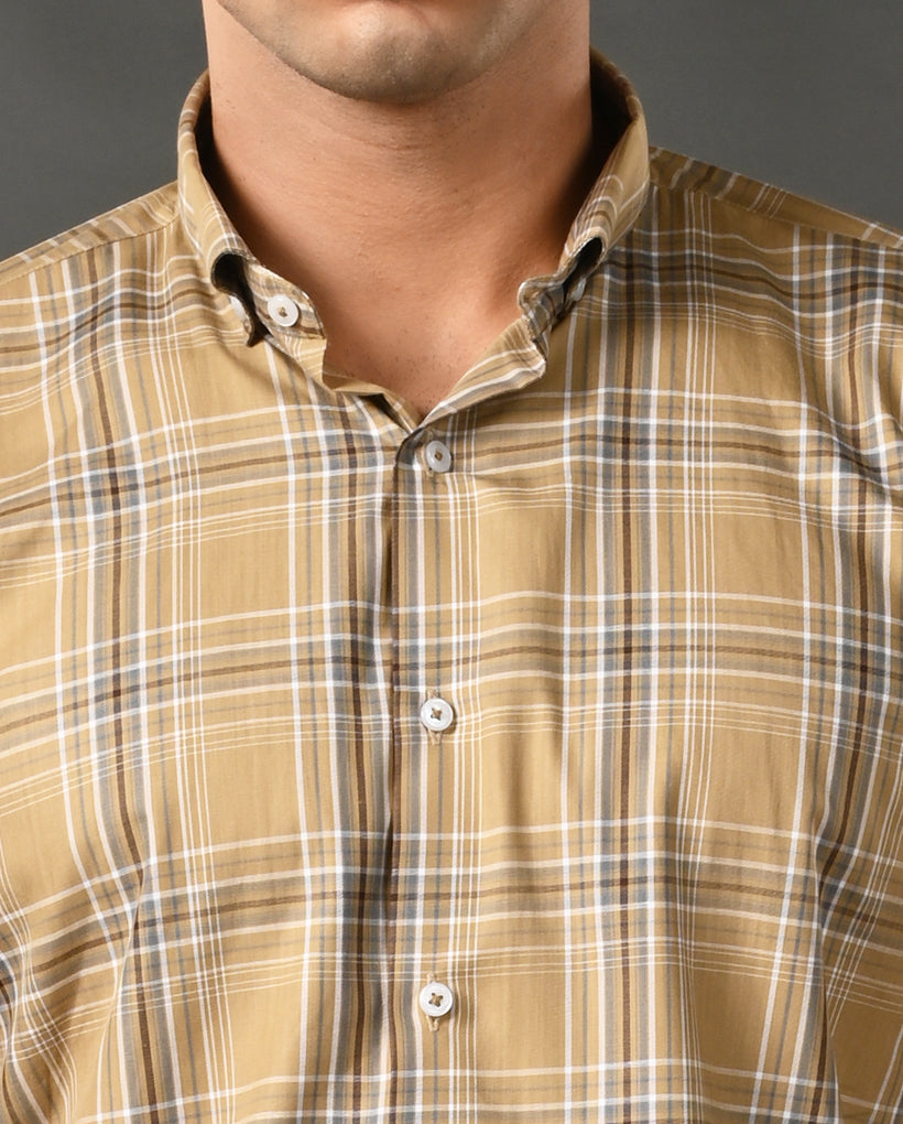 Mens Formal Mustard Yellow Pure Cotton Shirt with Checks