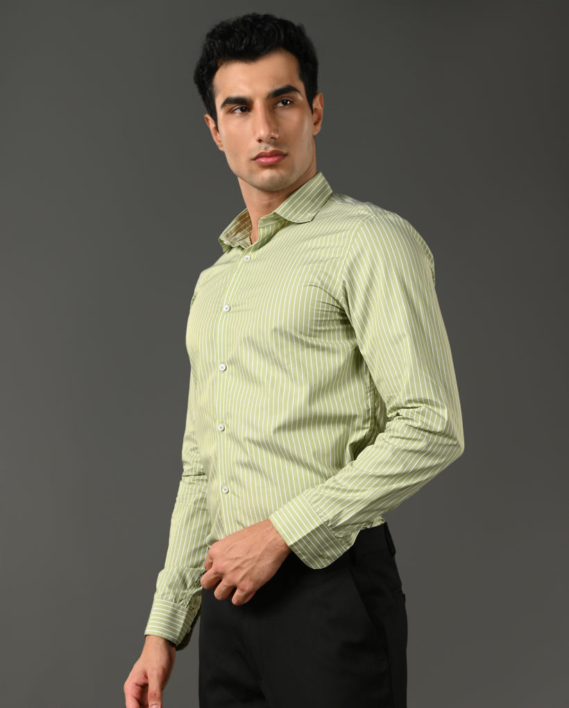 Men's Neon Green Pure Cotton Formal Shirt with Subtle Line Design