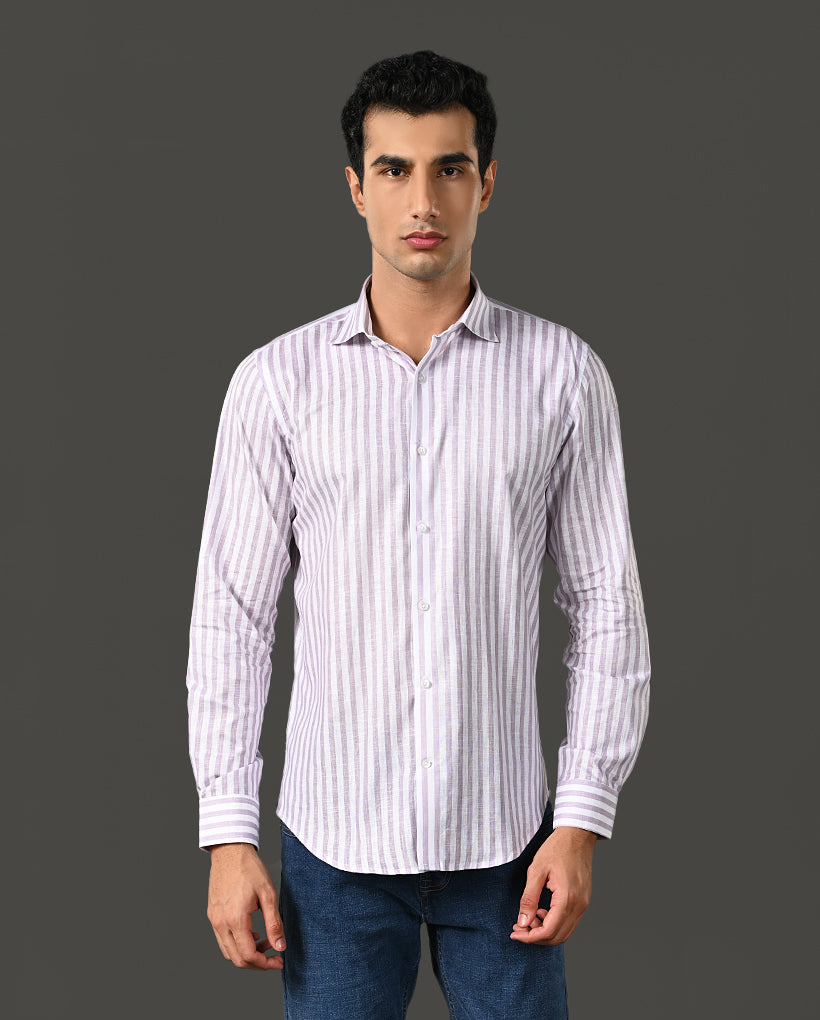 Mens Formal White Linen Blend Shirt with Vertical Lilac Lines