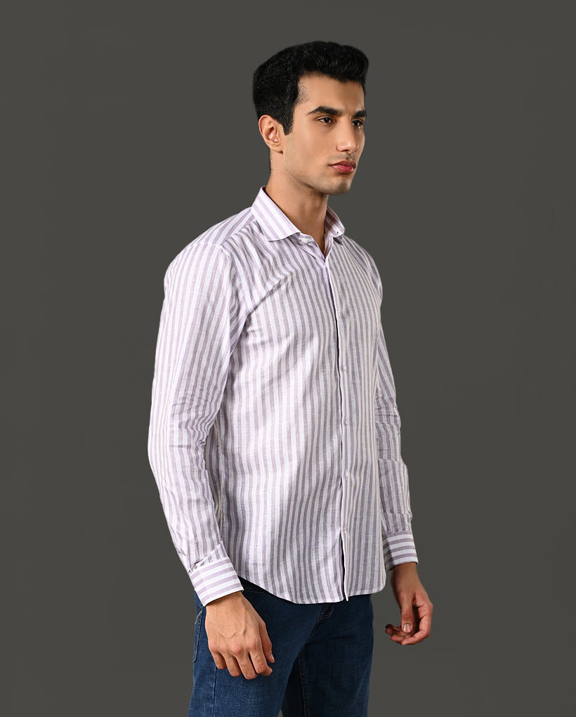 Mens Formal White Linen Blend Shirt with Vertical Lilac Lines