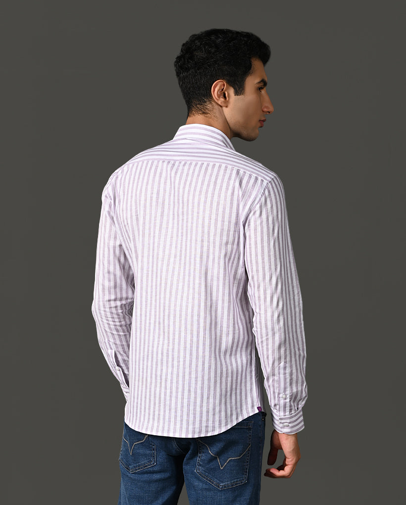 Mens Formal White Linen Blend Shirt with Vertical Lilac Lines