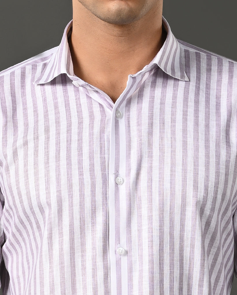 Mens Formal White Linen Blend Shirt with Vertical Lilac Lines