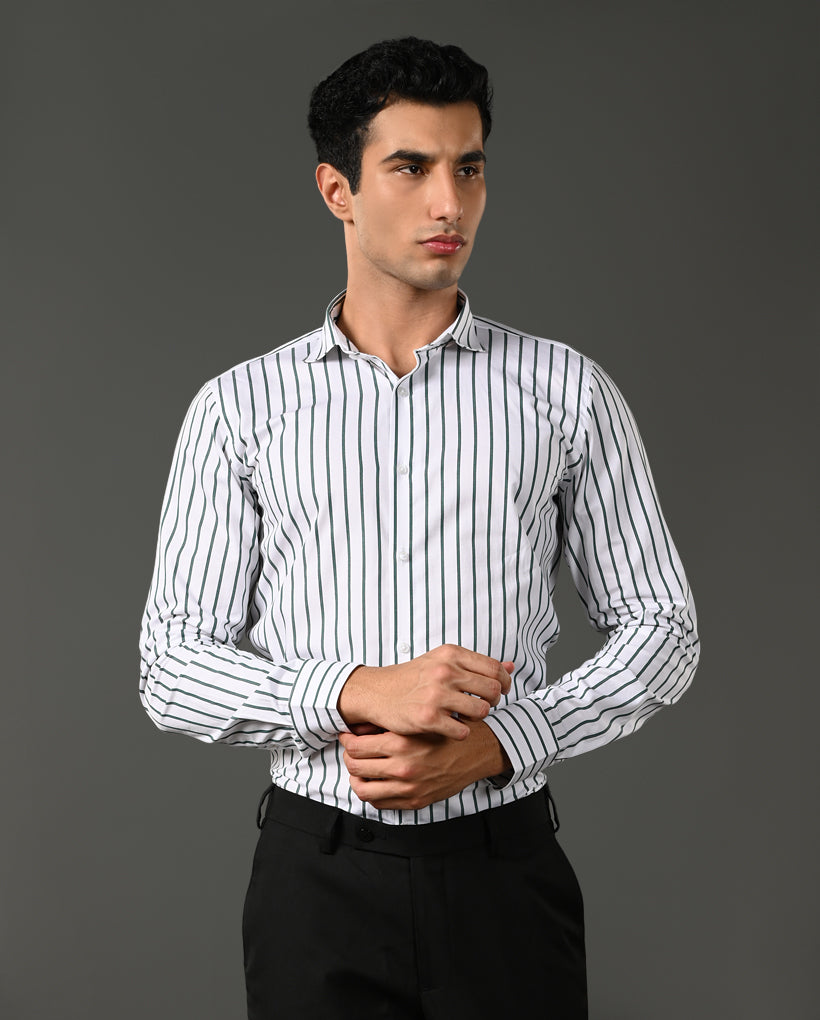 Mens Formal White Pure Cotton Shirt with Grey & Black Vertical Lines