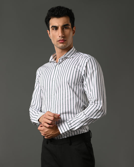 Mens Formal White Pure Cotton Shirt with Grey & Black Vertical Lines