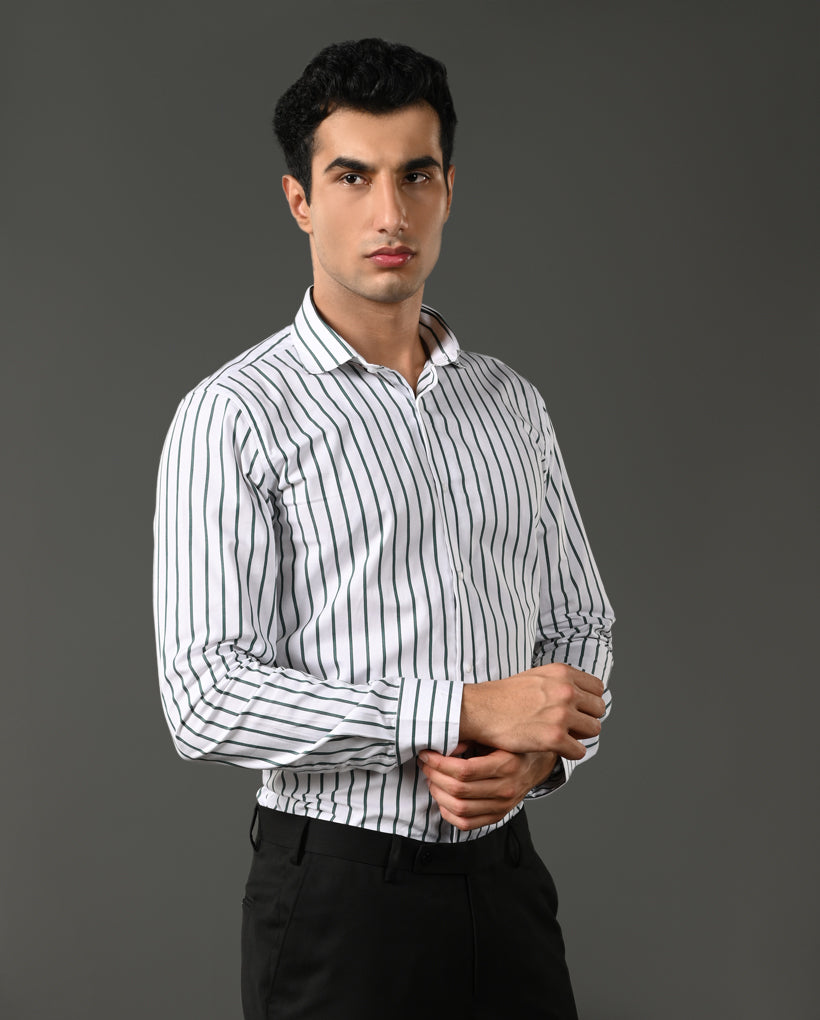 Mens Formal White Pure Cotton Shirt with Grey & Black Vertical Lines