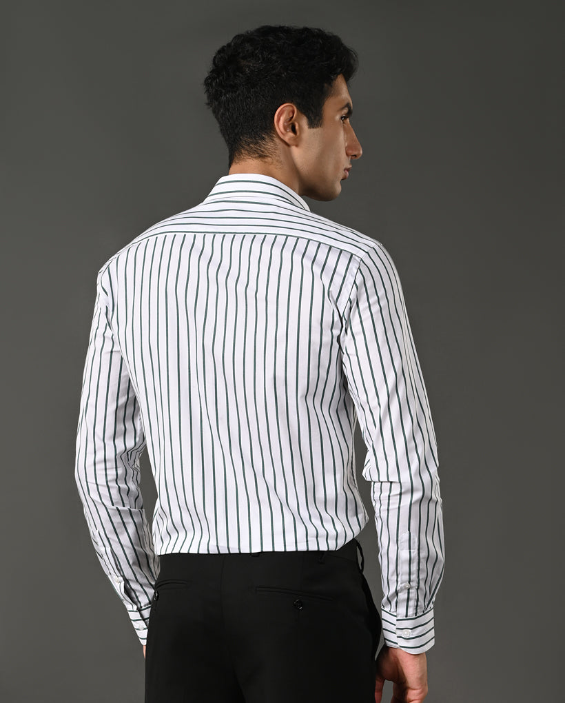 Mens Formal White Pure Cotton Shirt with Grey & Black Vertical Lines