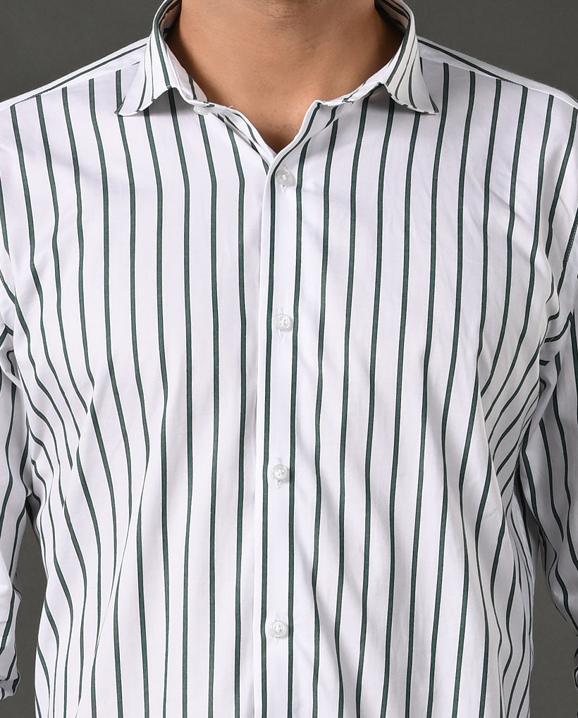 Mens Formal White Pure Cotton Shirt with Grey & Black Vertical Lines