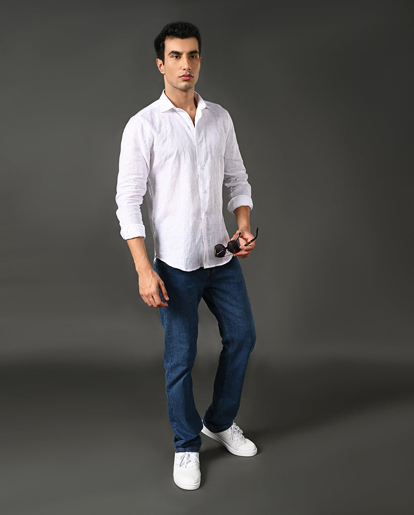 white rough texture linen shirt men