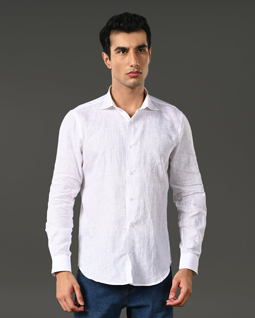 white rough texture linen shirt men