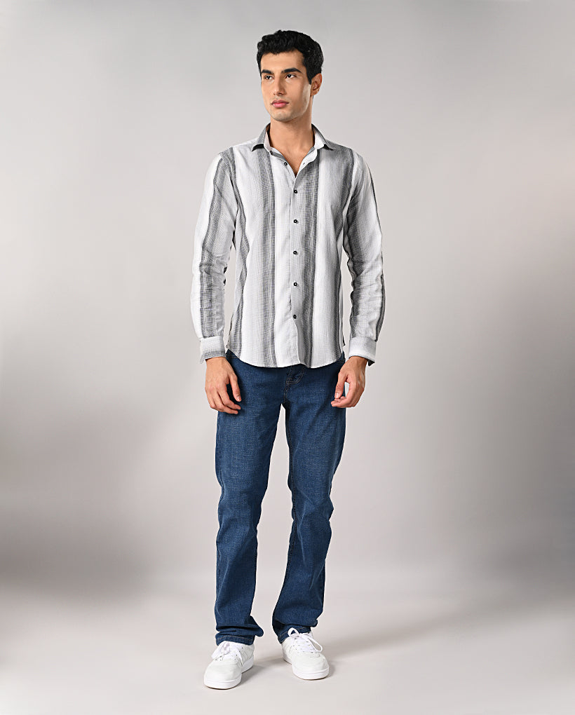 Mens White Cotton Casual Shirt with Black Stripes – Mens white cotton shirt with black stripes, casual wear