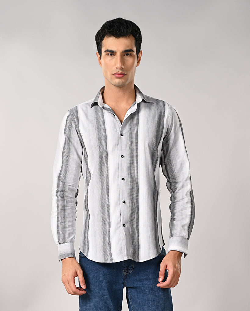 Mens White Cotton Casual Shirt with Black Stripes – Mens white cotton shirt with black stripes, casual wear