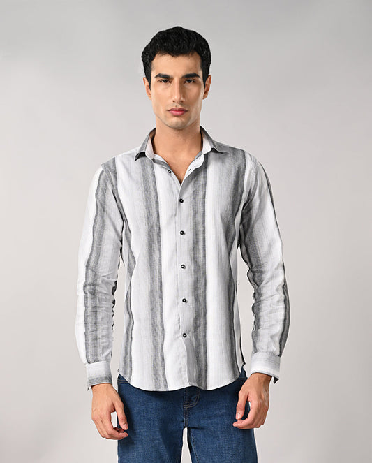 Mens White Cotton Casual Shirt with Black Stripes – Mens white cotton shirt with black stripes, casual wear