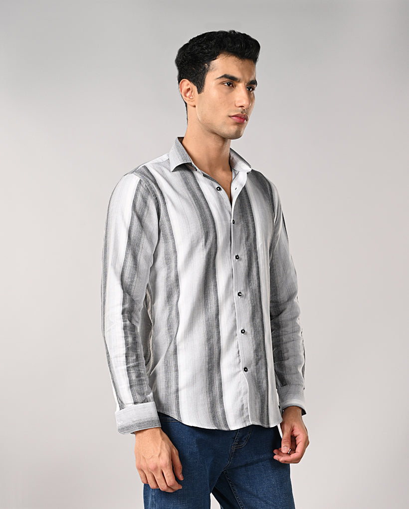 Mens White Cotton Casual Shirt with Black Stripes – Mens white cotton shirt with black stripes, casual wear