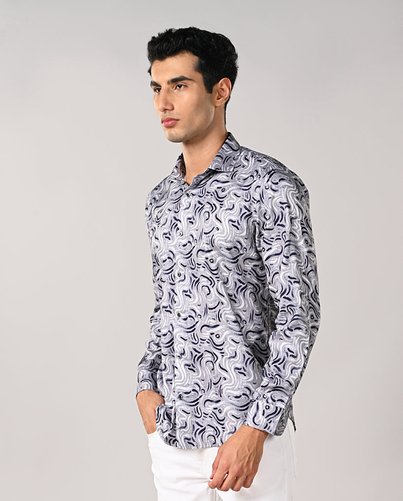 Mens Grey Cotton Blend Printed Casual Shirt – Mens grey printed cotton blend casual shirt, stylish daily wear