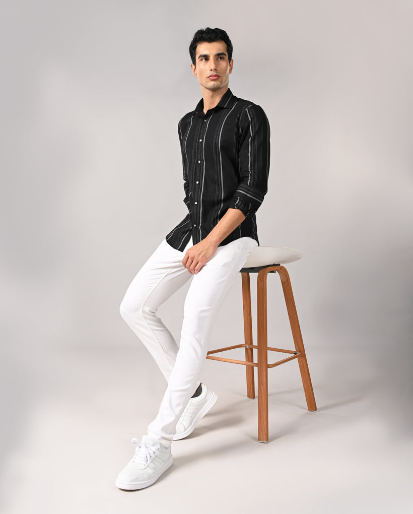 Mens black slim fit cotton blend casual shirt with white spotted lines and contrast buttons