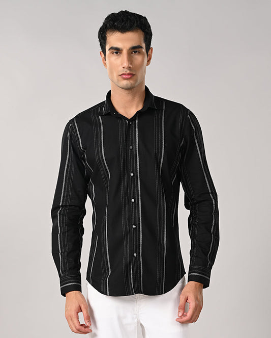 Mens black slim fit cotton blend casual shirt with white spotted lines and contrast buttons