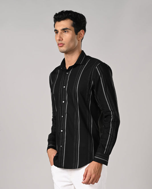 Mens black slim fit cotton blend casual shirt with white spotted lines and contrast buttons