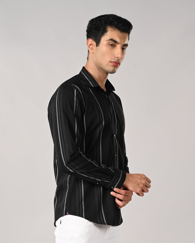 Mens black slim fit cotton blend casual shirt with white spotted lines and contrast buttons