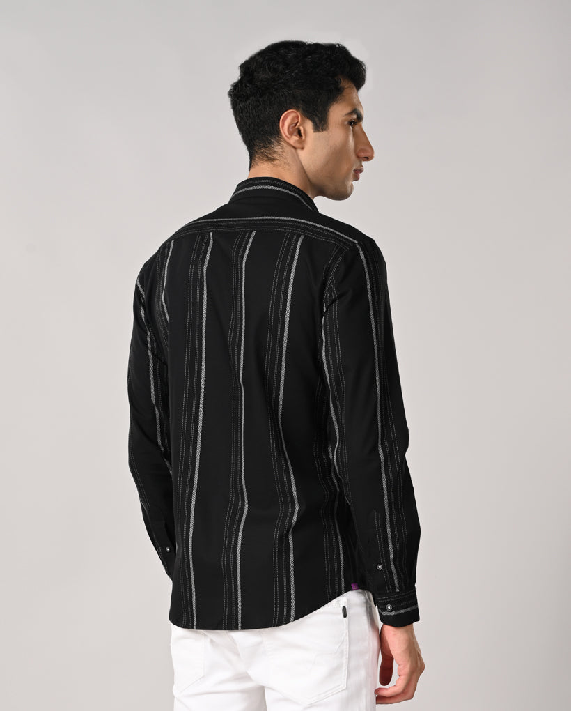 Mens black slim fit cotton blend casual shirt with white spotted lines and contrast buttons