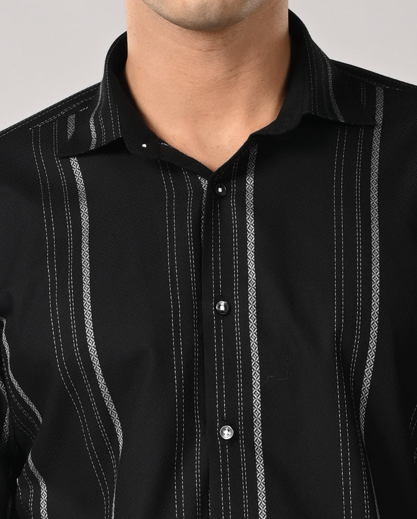 Mens black slim fit cotton blend casual shirt with white spotted lines and contrast buttons