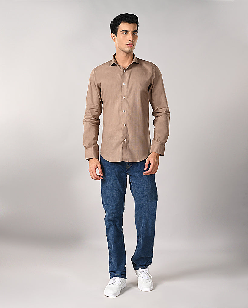 Stylish 100% cotton apple cut shirt for men in pastel nude shade with contrast buttons