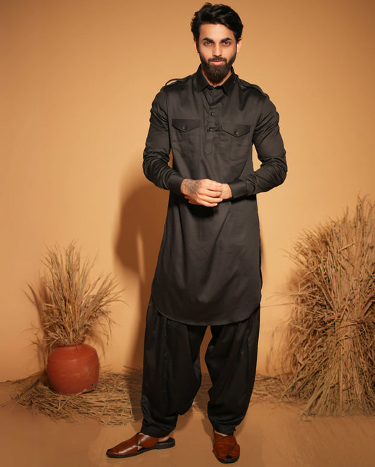 Men’s Ethnic Black Pathani Kurta Set with Pockets