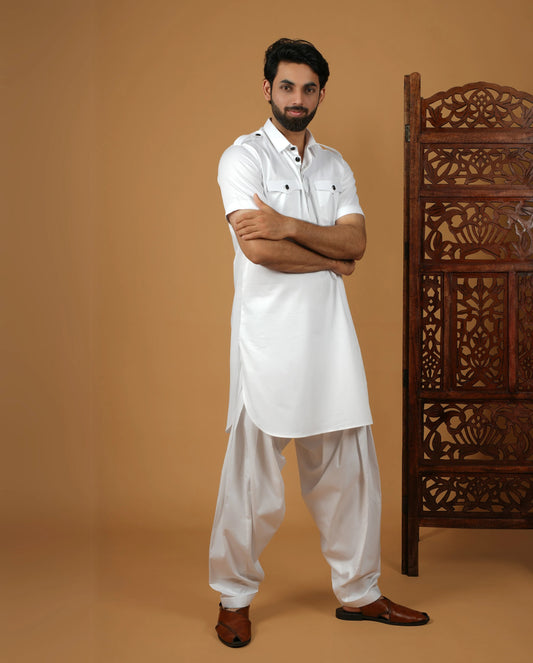 Men’s White Ethnic Pathani Kurta Set with Pockets