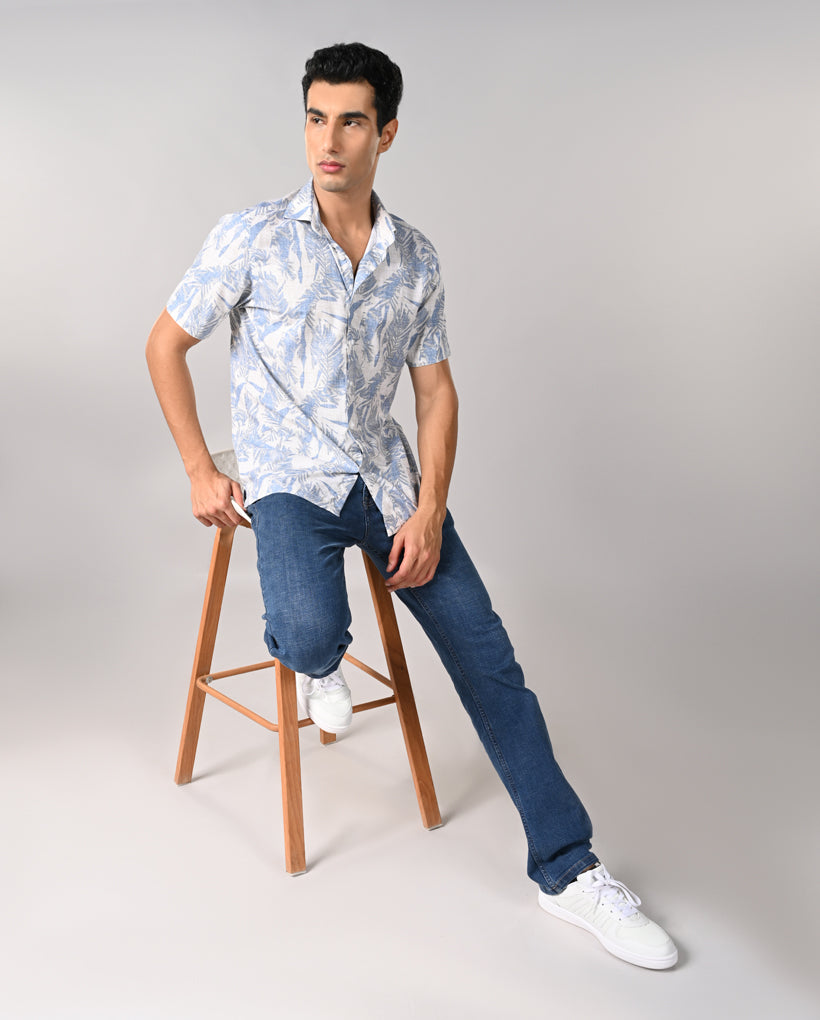 Mens Off-White Printed Linen Slim Fit Shirt – Casual & Elegant