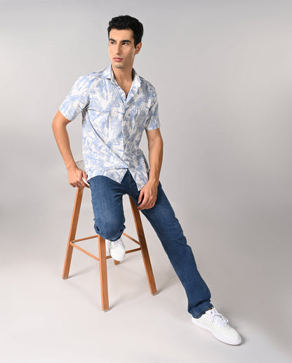 Mens Off-White Printed Linen Slim Fit Shirt – Casual & Elegant