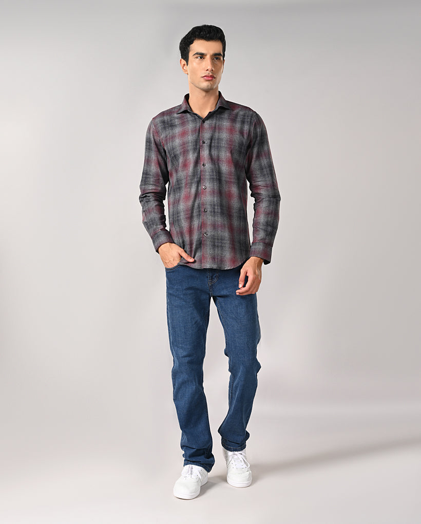 Mens Wine Checked Cotton Blend Shirt – Casual & Trendy