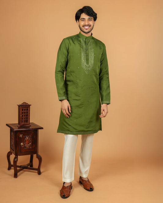 Elegant Silk Kurta pyjama set with Embroidery