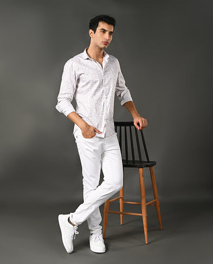 Men's White Unique Print Shirt-Cotton Blend