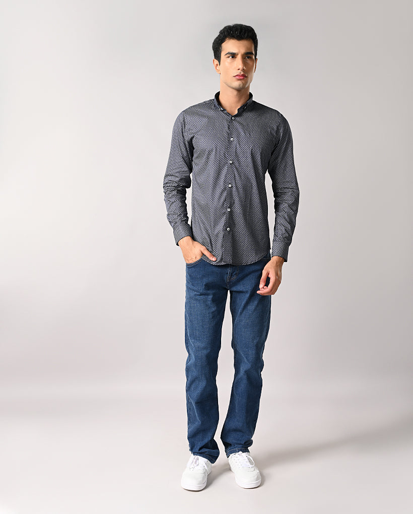 Men’s Navy Blue Printed Cotton Blend Shirt – Casual Wear