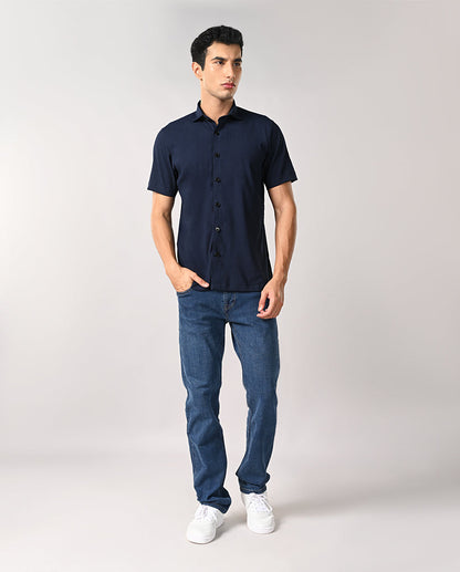 Men’s Navy Blue Self-Emboss Party Shirt – Trendy & Stylish