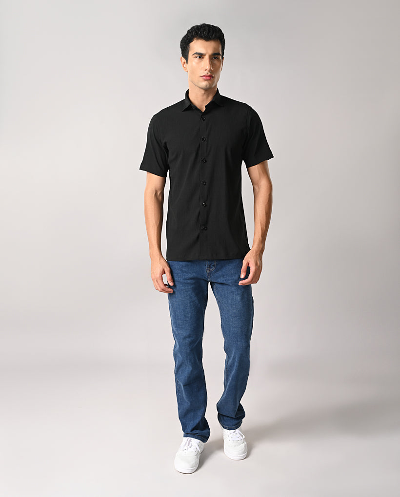 Men's black slim fit shirt with apple cut hem and pocket-free front — perfect for party or casual wear