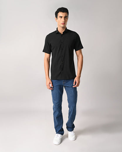 Men's black slim fit shirt with apple cut hem and pocket-free front — perfect for party or casual wear
