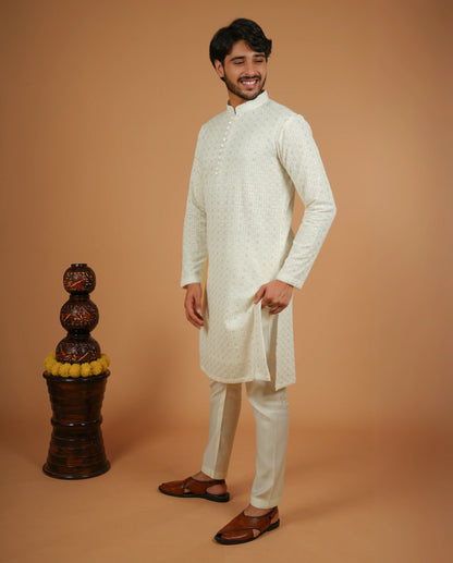 Elegant White Embroidered Kurta with Potli Buttons for Men