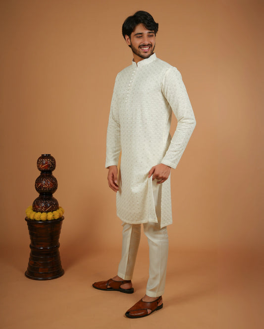 Elegant White Embroidered Kurta with Potli Buttons for Men