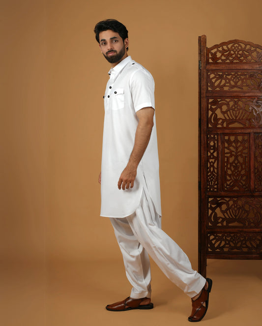 Men’s White Ethnic Pathani Kurta Set with Pockets