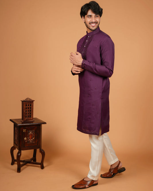Silk Embroiderd Men's Kurta pyjama Set with Mirror Work