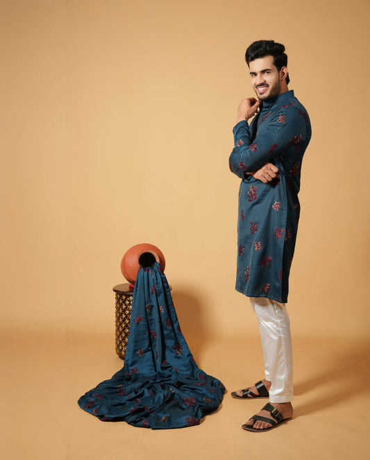 Classic Floral Silk Embroidered Kurta & Pajama Set
