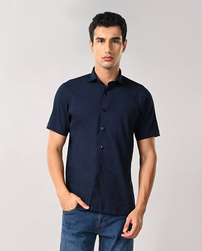 Men’s Navy Blue Self-Emboss Party Shirt – Trendy & Stylish