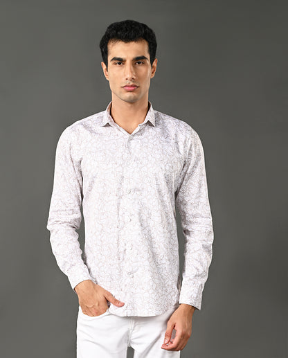 Men's White Unique Print Shirt-Cotton Blend