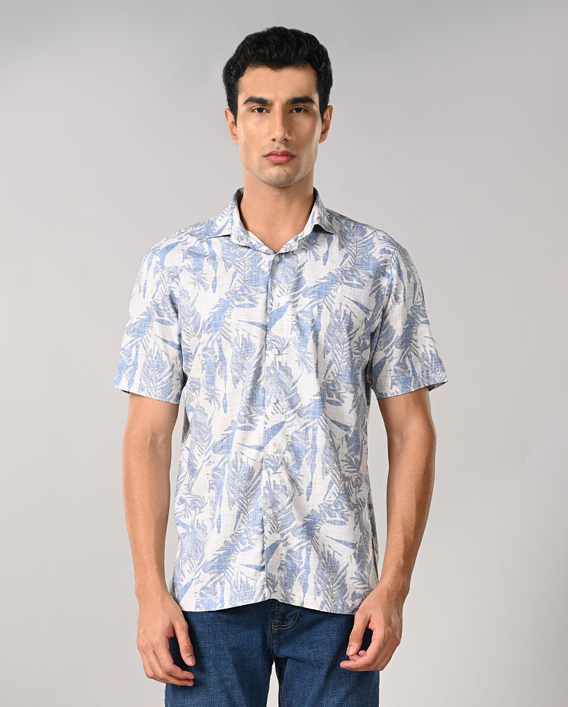 Mens Off-White Printed Linen Slim Fit Shirt – Casual & Elegant