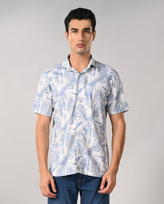 Mens Off-White Printed Linen Slim Fit Shirt – Casual & Elegant