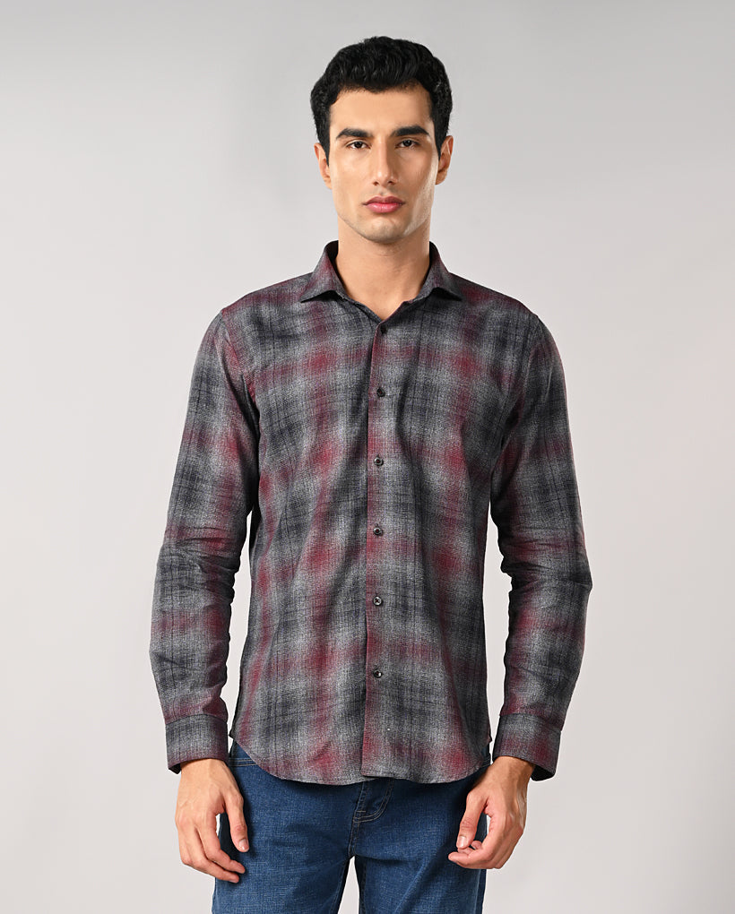 Mens Wine Checked Cotton Blend Shirt – Casual & Trendy