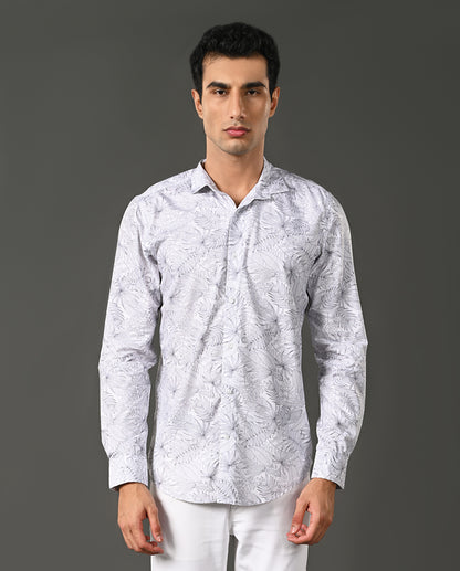 Mens Casual White Cotton Blend Shirt with Small Floral Print